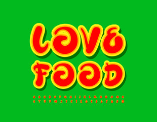Vector colorful Banner Love Food. Playful Modern Font. Set of creative Alphabet Letters and Numbers