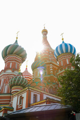 Fototapeta na wymiar Closeup View St. Basil's Cathedral in Moscow. Russia Red Square Cathedral Built in the Sixteenth Century Copy space