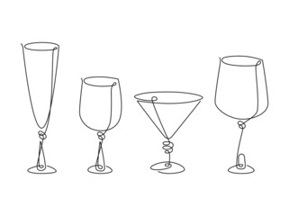 Set of glass goblets for wine and drinks. Isolated on white background. Continuous line drawing. Vector illustration.