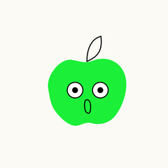 A colorful bright funny character with a face and emotions. The drawing style is vector spot and lines. Surprised green apple
