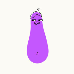 A colorful bright funny character with a face and emotions. The drawing style is vector spot and lines. Whiskered eggplant