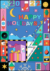 Happy Holidays 2022 Greeting Card, Abstract Mosaic Illustration, Season's Attributes 