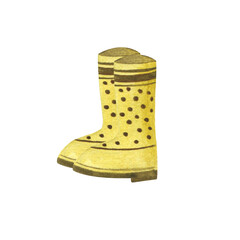 Watercolor illustration of rubber boots for rain weather, for gardening, outdoors. Yellow color with dots and stripes. Isolated on white background