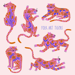 Folk art wild tigers decorated with flowers