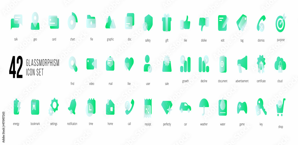 Fototapete a set of green vector icons of modern trend in the style of glass morphism with gradient, blur and t