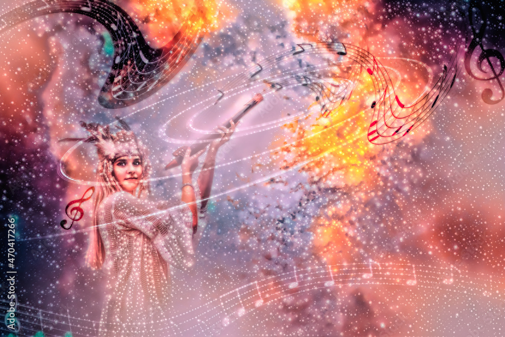 Poster beautiful shamanic girl playing on shaman flute on abstract structured space background.