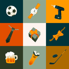 Naklejka premium Flat simple illustration in a modern style set of men's items.for Father's day and men's day on February 23: tie, bow tie, screwdriver, ball, stick and puck, beer mug, watch, razor, gift