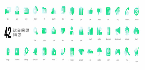 A set of green vector icons of modern trend in the style of glass morphism with gradient, blur and transparency. The collection includes 42 icons in a single style of business, finance, UX UI