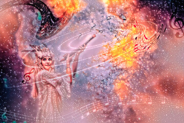 beautiful shamanic girl playing on shaman flute on abstract structured space background.