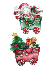 Watercolor christmas Santa< Snow maiden, Gingerbread, House, Cakes, lollipop
