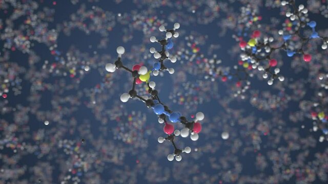 Sildenafil molecule made with balls, scientific molecular model. Looping 3D animation or motion background