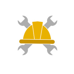 illustration of a safety helmet with a hammer and wrench on a white background
