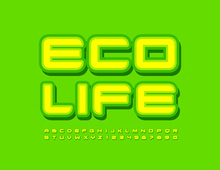 Vector stylish Emblem Eco Life. Unique Bright Font. Creative Alphabet Letters and Numbers set.