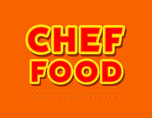 Vector bright banner Chef Food. Creative sticker Font. Modern set of Alphabet Letters and Numbers