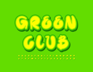 Vector creative badge Green Club with handwritten bright Font. Sticker Alphabet Letters and Numbers set