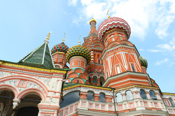 Fototapeta na wymiar Fragment View Saint Basil's Cathedral on Red Square in Moscow, Russia. Copyspace Red Square Cathedral Built in the Sixteenth Century Closeup