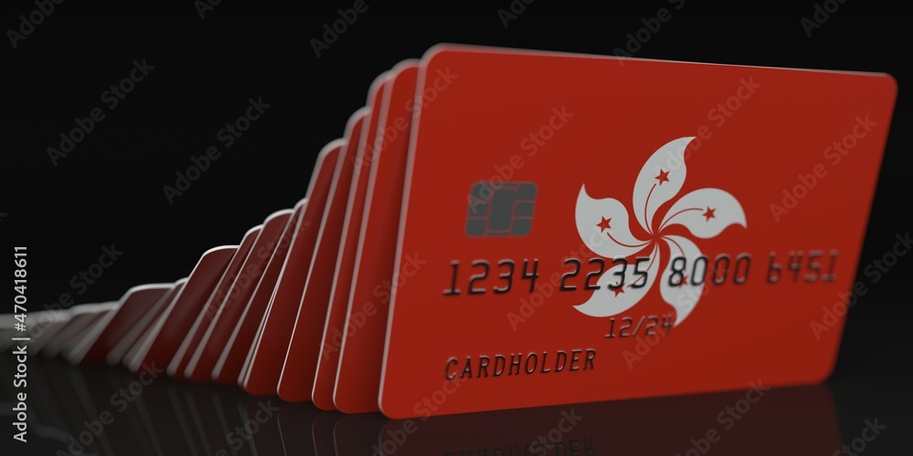 Poster domino effect, falling credit cards with flag of hong kong, fictional data on card mockups. financia