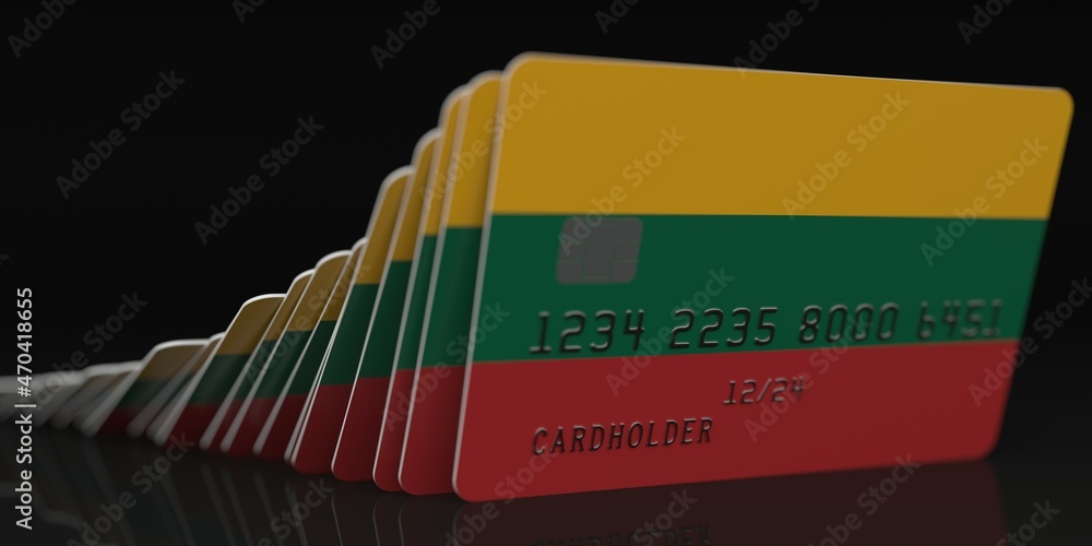 Poster domino effect, fallen credit cards with flags of lithuania. fictional data on card mockups. banking 