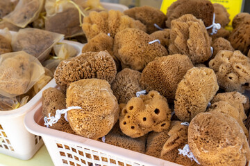 Natural sponges in local market. Symi island. Greece