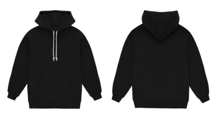 Mockup blank flat black hoodie. Hoodie sweatshirt with long sleeve template for branding. Hoody front and back top view isolated on white background - 470418686