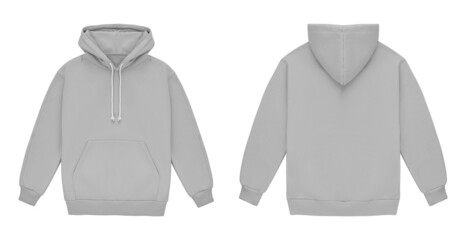 Mockup blank flat grey hoodie. Hoodie sweatshirt with long sleeve template for branding. Hoody front and back top view isolated on white background