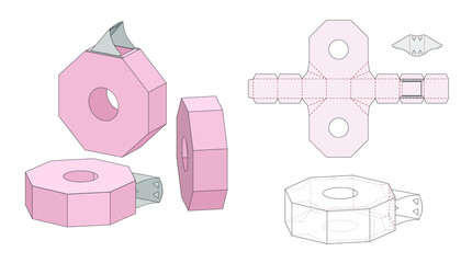 Retail Box with Blueprint Template. Cardboard Shaped Opening Carry Box Bag Packaging,  Portable Container, Isolated On White Background. Die-stamping.