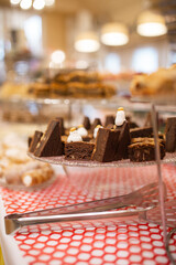 dessert cake on the buffet table in the restaurant