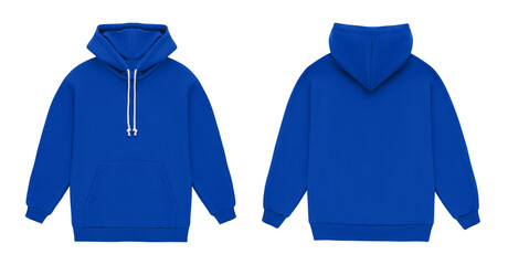 Mockup blank flat blue hoodie. Hoodie sweatshirt with long sleeve template for branding. Hoody front and back top view isolated on white background