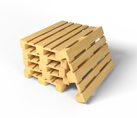 3d render illustration wooden pallets isolated on white background. Realistic empty warehouse platforms for shipping boxes. Packaging and transportation of goods. Stack of wood tray. Euro pallets.
