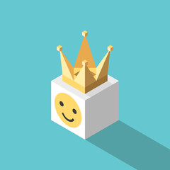 Isometric smiling cube with crown. Positive feedback, customer is king, happiness, high self-esteem and self-love concept. Flat design. EPS 8 vector illustration, no transparency, no gradients