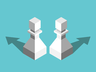 Two isometric chess pawns, opposite directions arrows. Disagreement, options, repulsion, conflict, relationship and choice concept. EPS 8 vector illustration, no transparency, no gradients