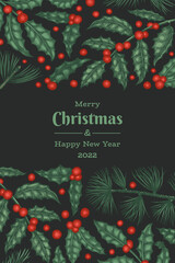 Christmas hand drawn vector greeting card design template. Vintage style botanical illustration. Winter plants xmas banner.