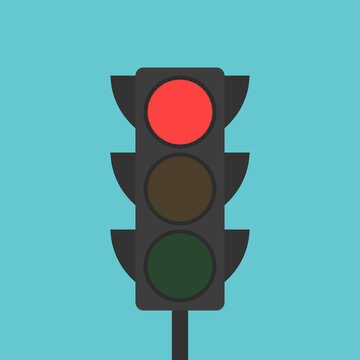 Traffic light, red glowing. Restriction, prohibition, control, stop, driving, regulation and danger concept. Flat design. EPS 8 vector illustration, no transparency, no gradients