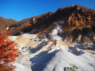 北海道の「地獄谷」（噴気をあげる爆裂火口群）の紅葉