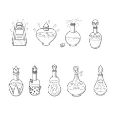 Set Black Simple Collection Line Glass Flask Doodle Outline Potion Drink Elixir Liquid With Splash Element Vector Design Style Sketch Isolated Illustration Magic Witchcraft - obrazy, fototapety, plakaty