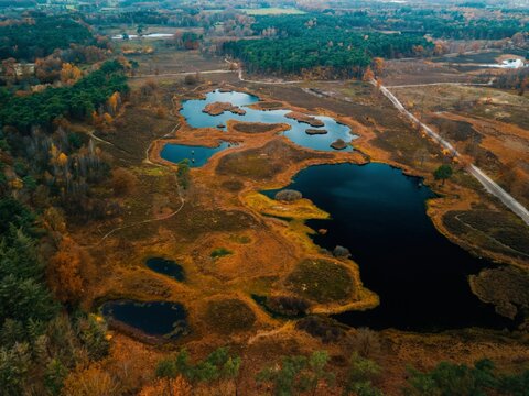 Aerial drone view of the beautiful landscape of Hatertse Vennen in the Netherlands, Europe.