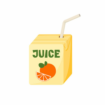 A yellow box of orange juice with a straw, with an orange and a slice depicted on it, the inscription juice is green. Vector illustration in a flat style.