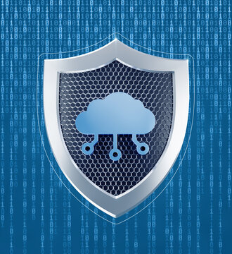 Security Shield of a Digital Cloud. Pictogram of an internet cloud in the center of a metallic shield are both against the binary code background. 3D-rendering graphics on the theme of Cybersecurity.