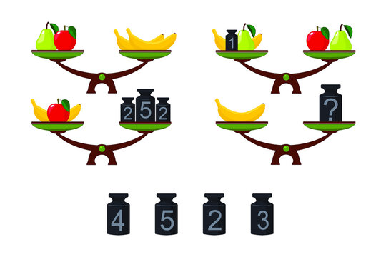 Visual math puzzle with scales and weights. What weight of four below is hidden under the question mark? Math game for kids of school and preschool age.