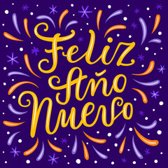 Fototapeta premium Happy New Year hand drawn lettering phrase in Spanish language on the dark violet ornate background with falling snow and snowflakes. Greeting card design EPS 10 vector illustration