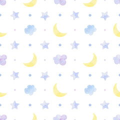 Watercolor seamless pattern . Children's illustration. Cute stars, moon and clouds. Ideal for textiles, wallpaper, design, packaging.