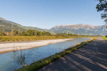 Schaan, Liechtenstein, September 25, 2021 Rhine river in the morning time