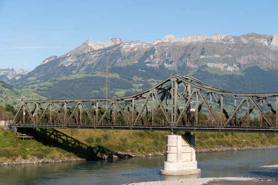 Schaan, Liechtenstein, September 25, 2021 Train Bridge Over The Rhine River