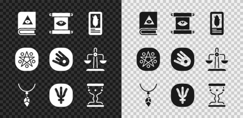 Set Ancient magic book, scroll, Tarot cards, Necklace with crystal, Neptune planet, Medieval goblet, Pentagram in circle and Comet falling down fast icon. Vector