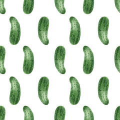 Watercolor seamless background with cucumber on a white background. Menu design, textile design, printing.