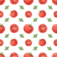 Watercolor seamless background with tomato on a white background.  Menu design, textile design, printing.