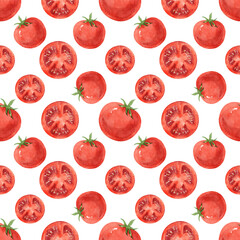 Watercolor seamless background with tomato on a white background.  Menu design, textile design, printing.