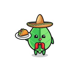 leaf Mexican chef mascot holding a taco