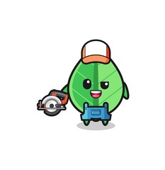 the woodworker leaf mascot holding a circular saw