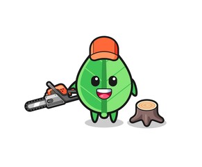 leaf lumberjack character holding a chainsaw